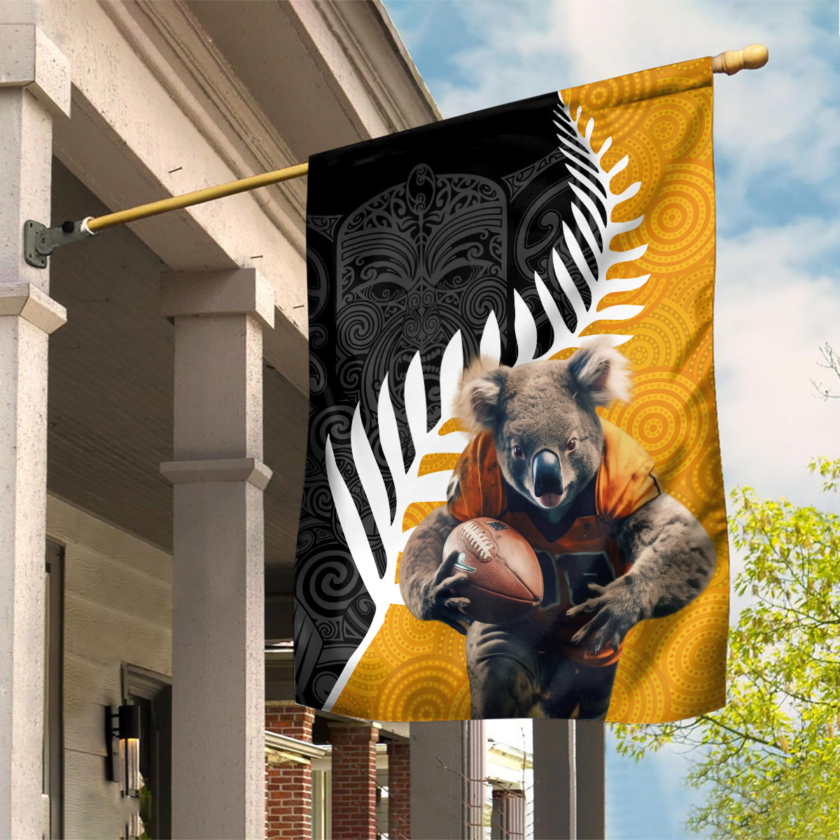New Zealand and Australia Rugby Garden Flag Koala and Maori Warrior Together LT03 House Flag Black - Polynesian Pride