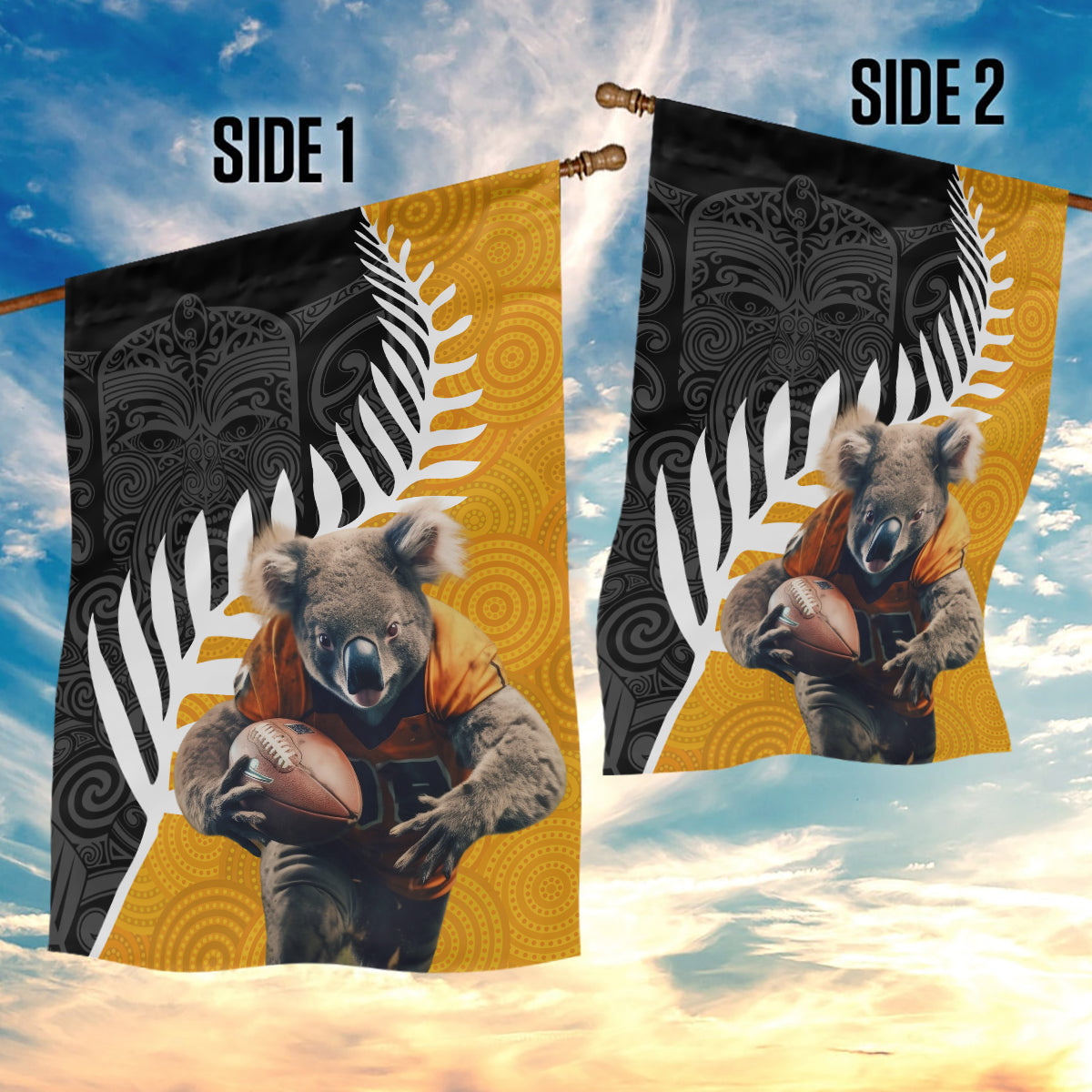 New Zealand and Australia Rugby Garden Flag Koala and Maori Warrior Together LT03 - Polynesian Pride
