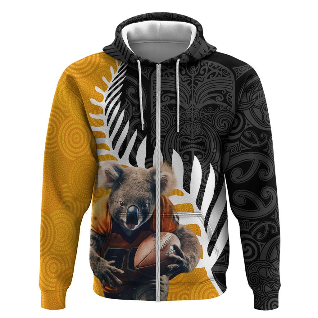 New Zealand and Australia Rugby Hoodie Koala and Maori Warrior Together LT03 Zip Hoodie Black - Polynesian Pride
