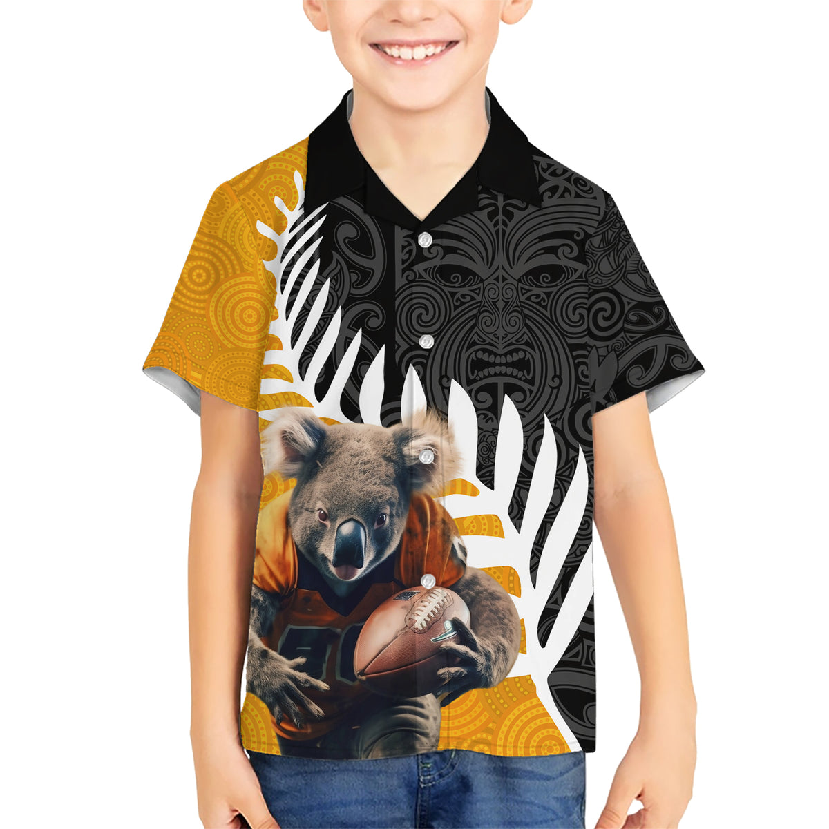 New Zealand and Australia Rugby Kid Hawaiian Shirt Koala and Maori Warrior Together LT03 Kid Black - Polynesian Pride