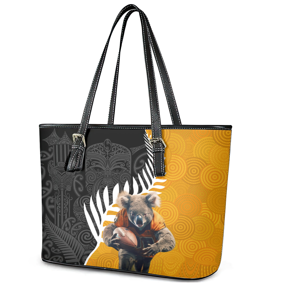 New Zealand and Australia Rugby Leather Tote Bag Koala and Maori Warrior Together LT03 - Polynesian Pride