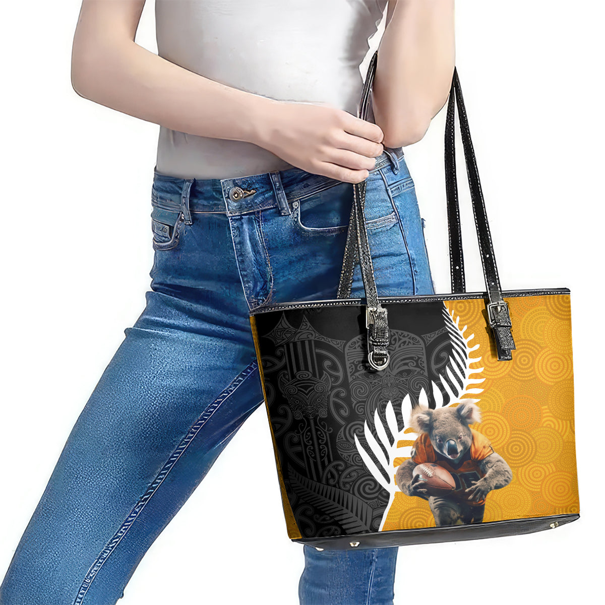 New Zealand and Australia Rugby Leather Tote Bag Koala and Maori Warrior Together LT03 - Polynesian Pride