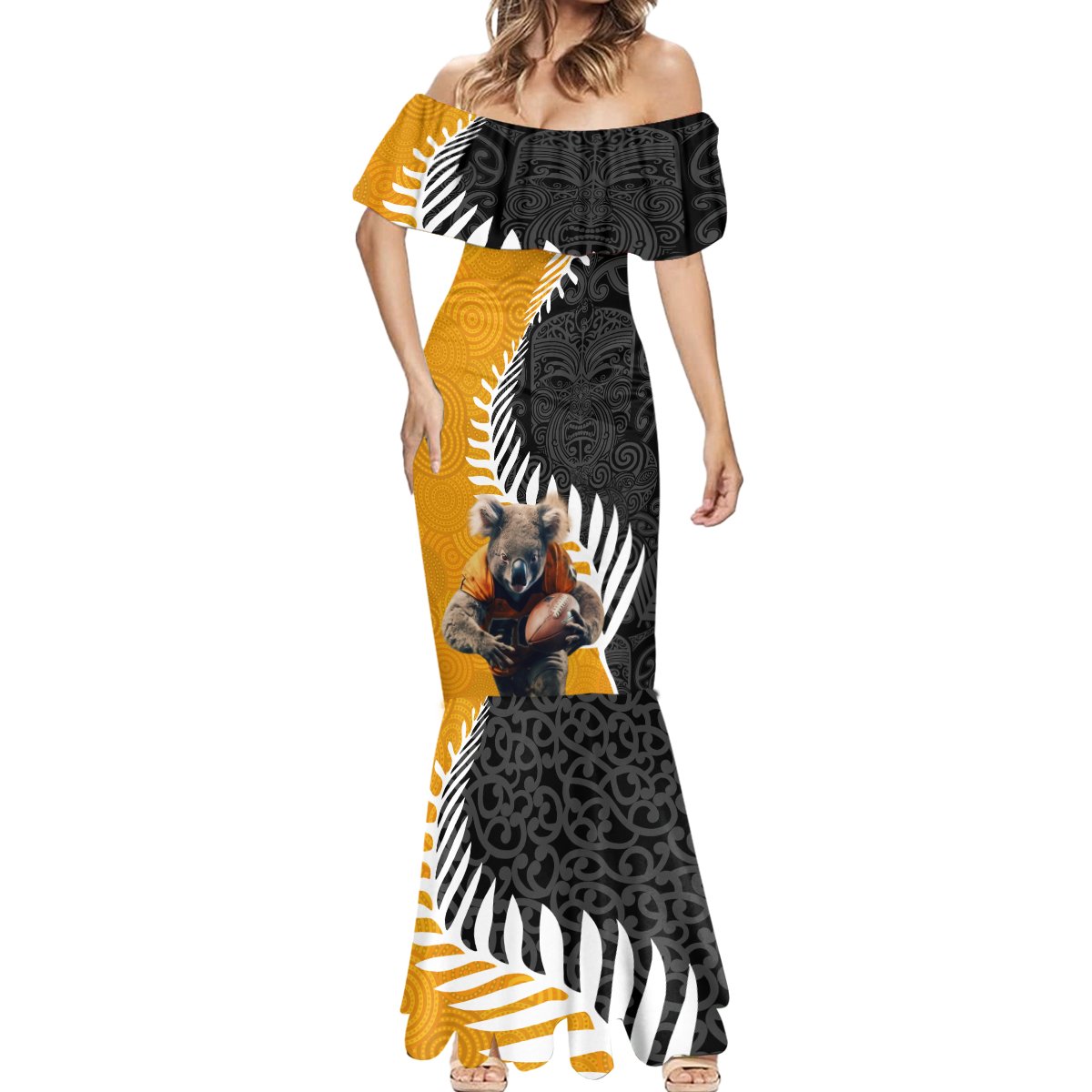 New Zealand and Australia Rugby Mermaid Dress Koala and Maori Warrior Together LT03 - Polynesian Pride