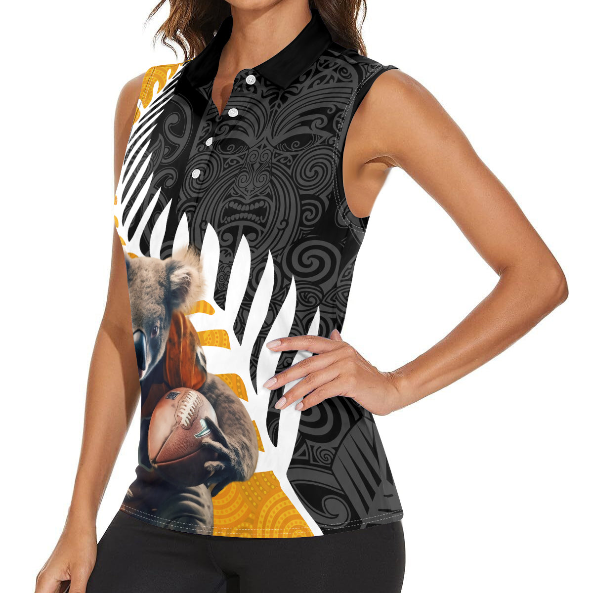 New Zealand and Australia Rugby Women Sleeveless Polo Shirt Koala and Maori Warrior Together LT03 - Polynesian Pride