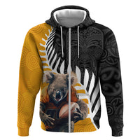 New Zealand and Australia Rugby Zip Hoodie Koala and Maori Warrior Together LT03 Zip Hoodie Black - Polynesian Pride