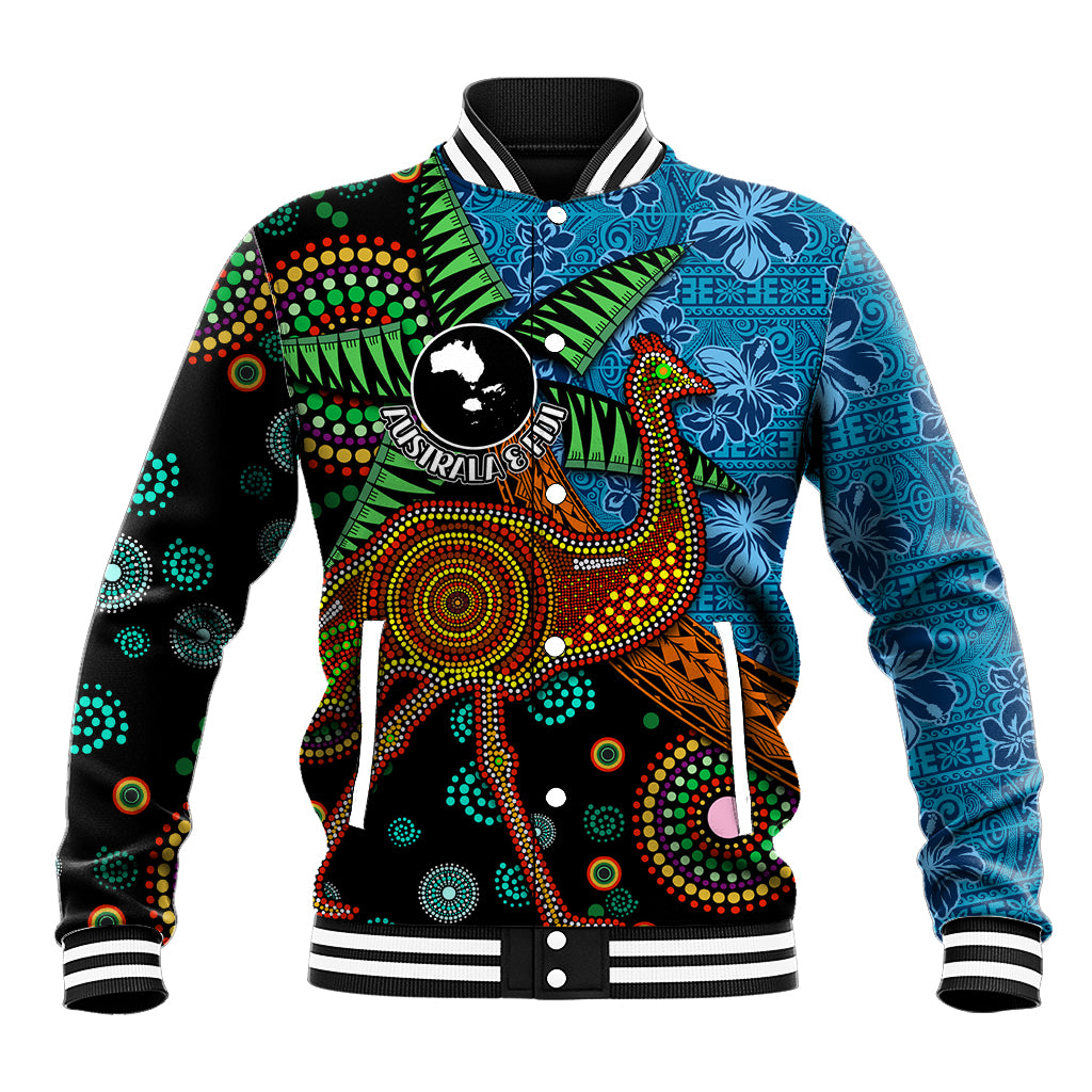 Fiji and Australia Baseball Jacket Palm Tree and Abogirinal Emu LT03 Unisex Blue - Polynesian Pride