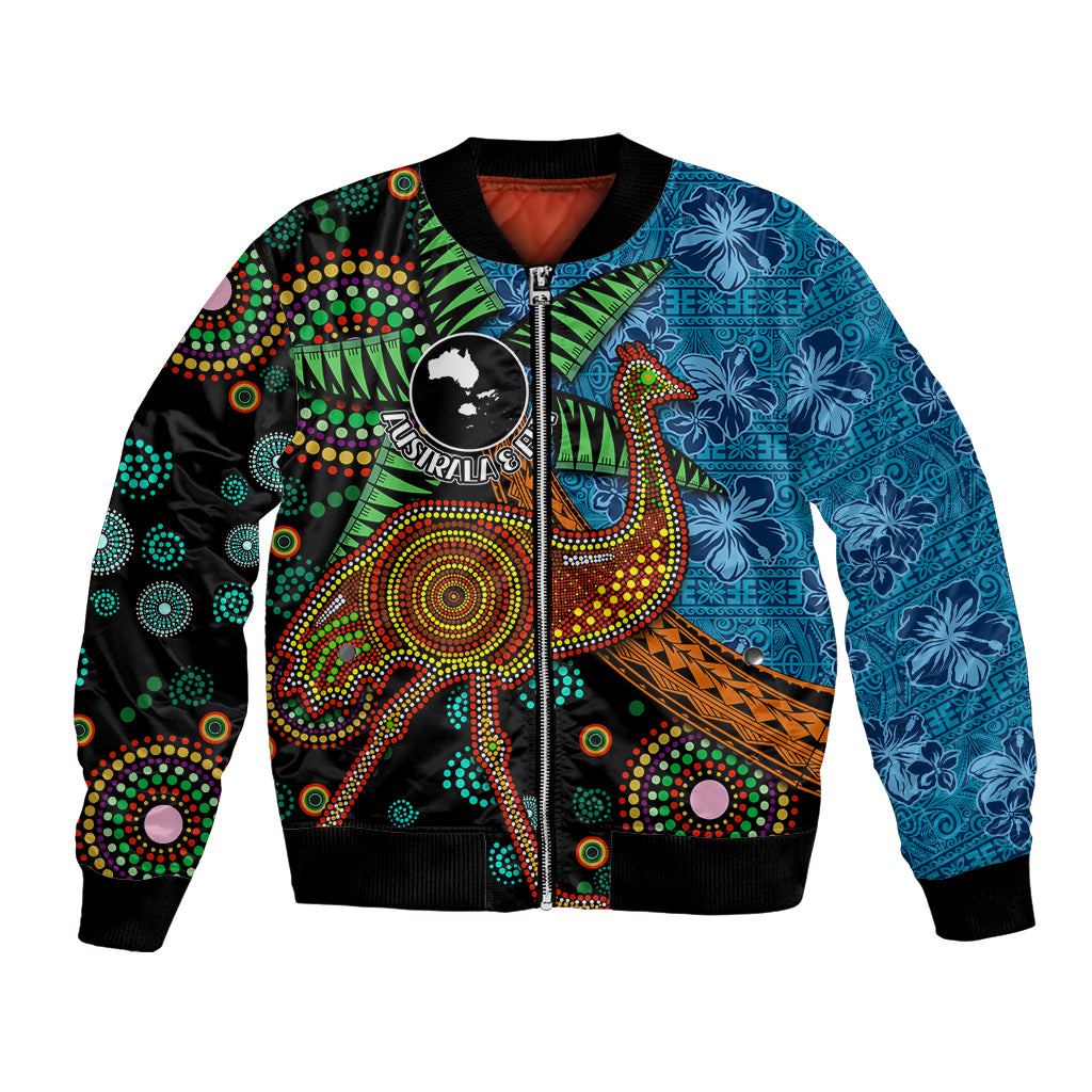 Fiji and Australia Bomber Jacket Palm Tree and Abogirinal Emu LT03 Unisex Blue - Polynesian Pride