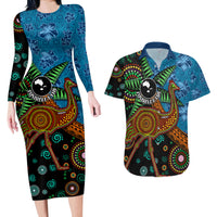 Fiji and Australia Couples Matching Long Sleeve Bodycon Dress and Hawaiian Shirt Palm Tree and Abogirinal Emu LT03 Blue - Polynesian Pride