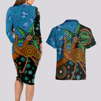 Fiji and Australia Couples Matching Long Sleeve Bodycon Dress and Hawaiian Shirt Palm Tree and Abogirinal Emu LT03 - Polynesian Pride