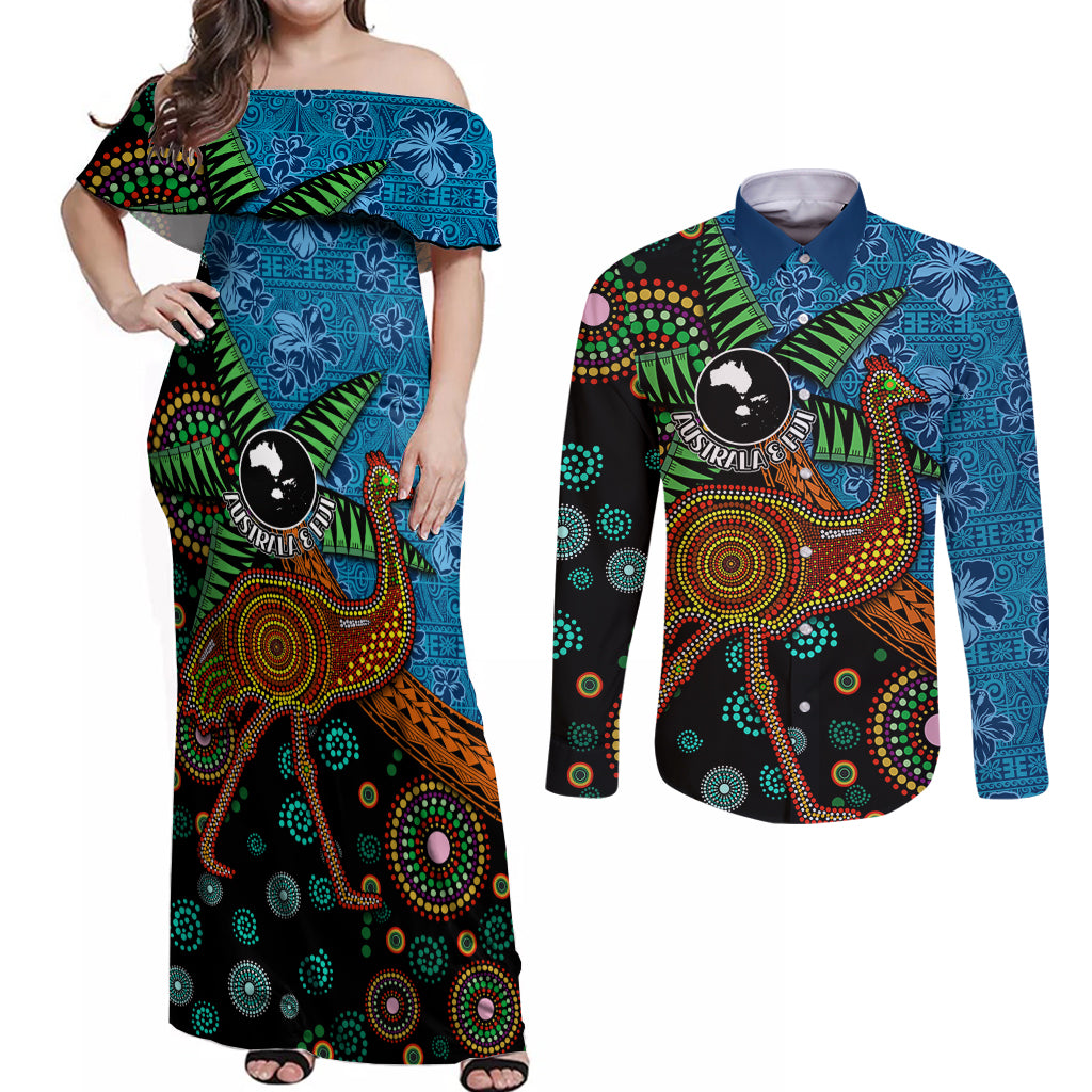 Fiji and Australia Couples Matching Off Shoulder Maxi Dress and Long Sleeve Button Shirt Palm Tree and Abogirinal Emu LT03 Blue - Polynesian Pride