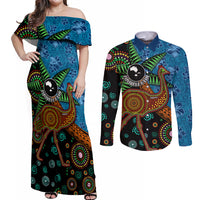 Fiji and Australia Couples Matching Off Shoulder Maxi Dress and Long Sleeve Button Shirt Palm Tree and Abogirinal Emu LT03 Blue - Polynesian Pride