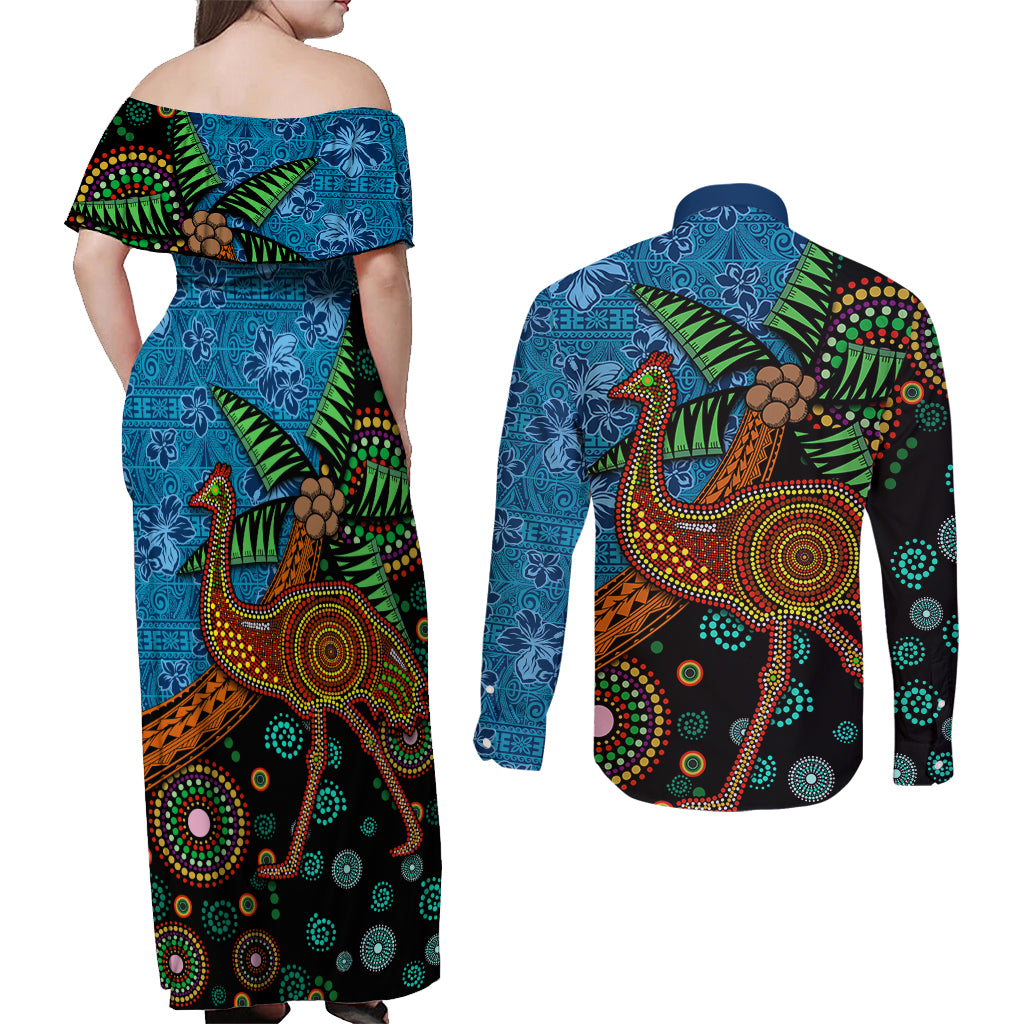 Fiji and Australia Couples Matching Off Shoulder Maxi Dress and Long Sleeve Button Shirt Palm Tree and Abogirinal Emu LT03 - Polynesian Pride