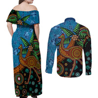 Fiji and Australia Couples Matching Off Shoulder Maxi Dress and Long Sleeve Button Shirt Palm Tree and Abogirinal Emu LT03 - Polynesian Pride