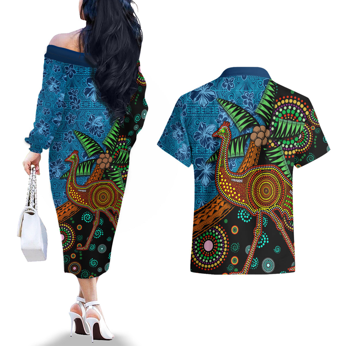Fiji and Australia Couples Matching Off The Shoulder Long Sleeve Dress and Hawaiian Shirt Palm Tree and Abogirinal Emu LT03 - Polynesian Pride