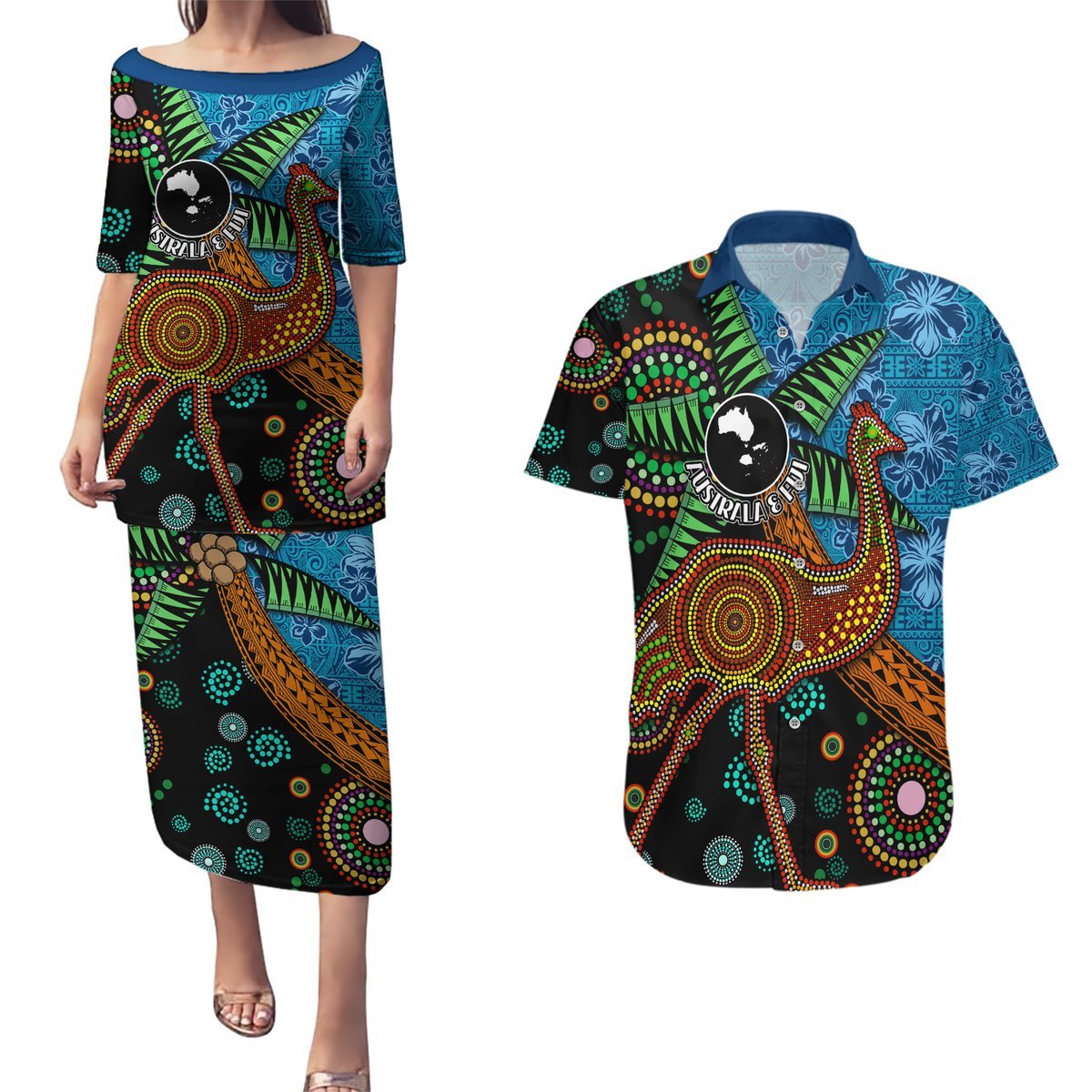 Fiji and Australia Couples Matching Puletasi and Hawaiian Shirt Palm Tree and Abogirinal Emu LT03 Blue - Polynesian Pride
