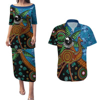 Fiji and Australia Couples Matching Puletasi and Hawaiian Shirt Palm Tree and Abogirinal Emu LT03 Blue - Polynesian Pride