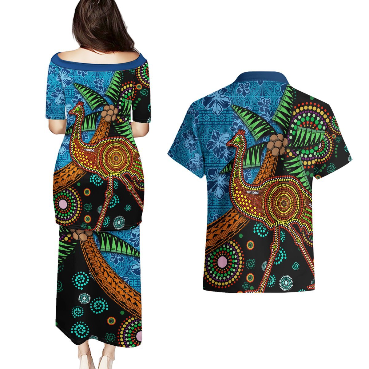 Fiji and Australia Couples Matching Puletasi and Hawaiian Shirt Palm Tree and Abogirinal Emu LT03 - Polynesian Pride