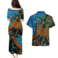 Fiji and Australia Couples Matching Puletasi and Hawaiian Shirt Palm Tree and Abogirinal Emu LT03 - Polynesian Pride