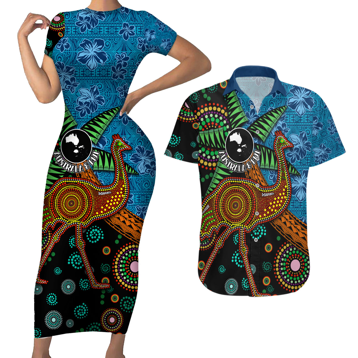 Fiji and Australia Couples Matching Short Sleeve Bodycon Dress and Hawaiian Shirt Palm Tree and Abogirinal Emu LT03 Blue - Polynesian Pride