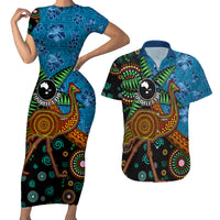 Fiji and Australia Couples Matching Short Sleeve Bodycon Dress and Hawaiian Shirt Palm Tree and Abogirinal Emu LT03 Blue - Polynesian Pride