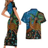 Fiji and Australia Couples Matching Short Sleeve Bodycon Dress and Hawaiian Shirt Palm Tree and Abogirinal Emu LT03 - Polynesian Pride