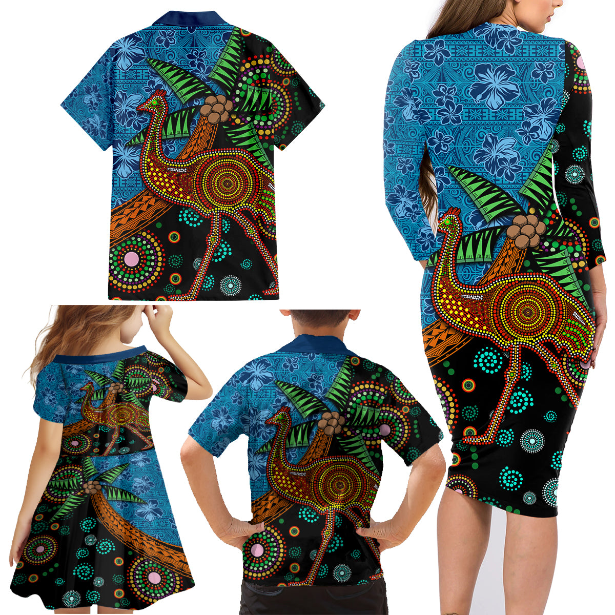 Fiji and Australia Family Matching Long Sleeve Bodycon Dress and Hawaiian Shirt Palm Tree and Abogirinal Emu LT03 - Polynesian Pride