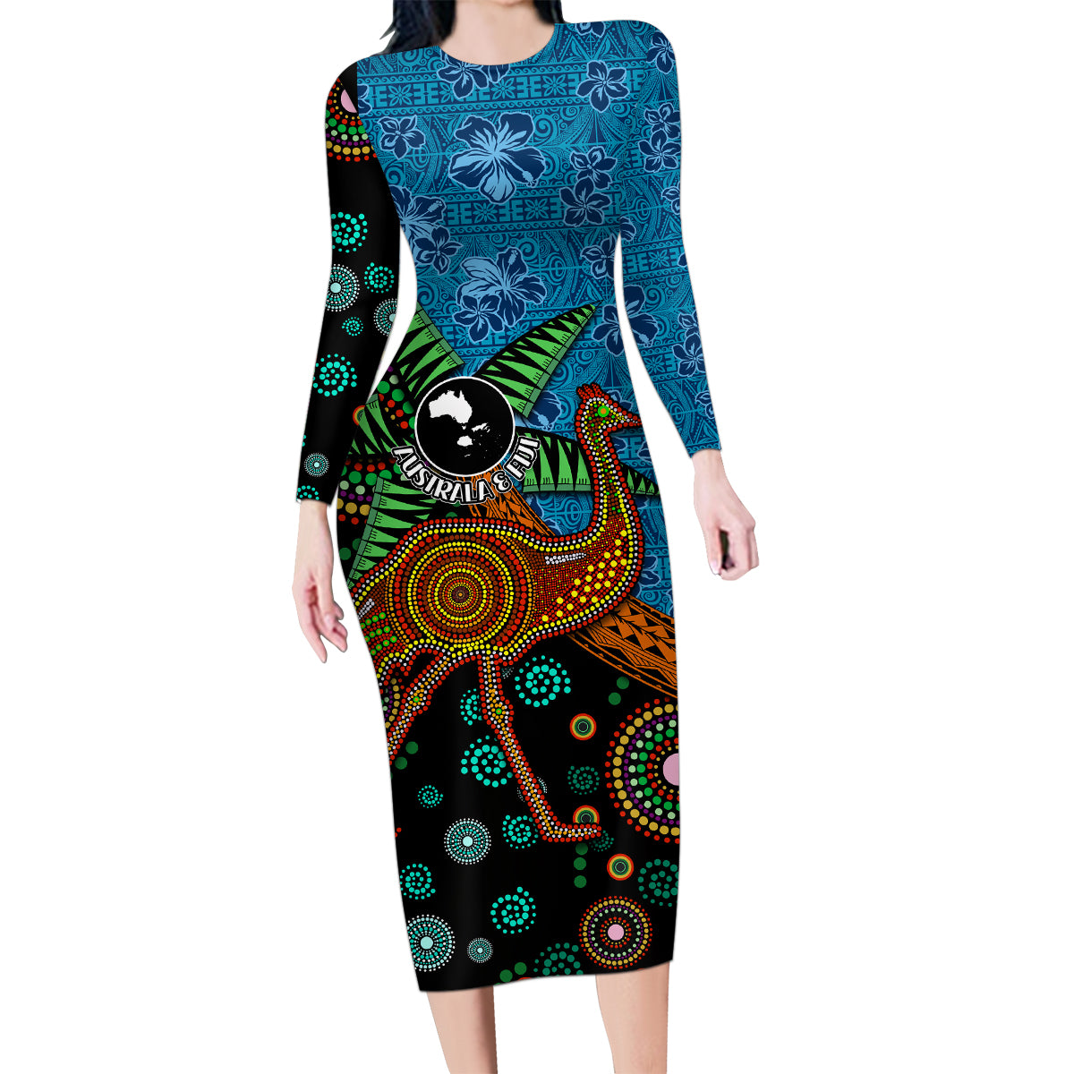 Fiji and Australia Family Matching Long Sleeve Bodycon Dress and Hawaiian Shirt Palm Tree and Abogirinal Emu LT03 Mom's Dress Blue - Polynesian Pride