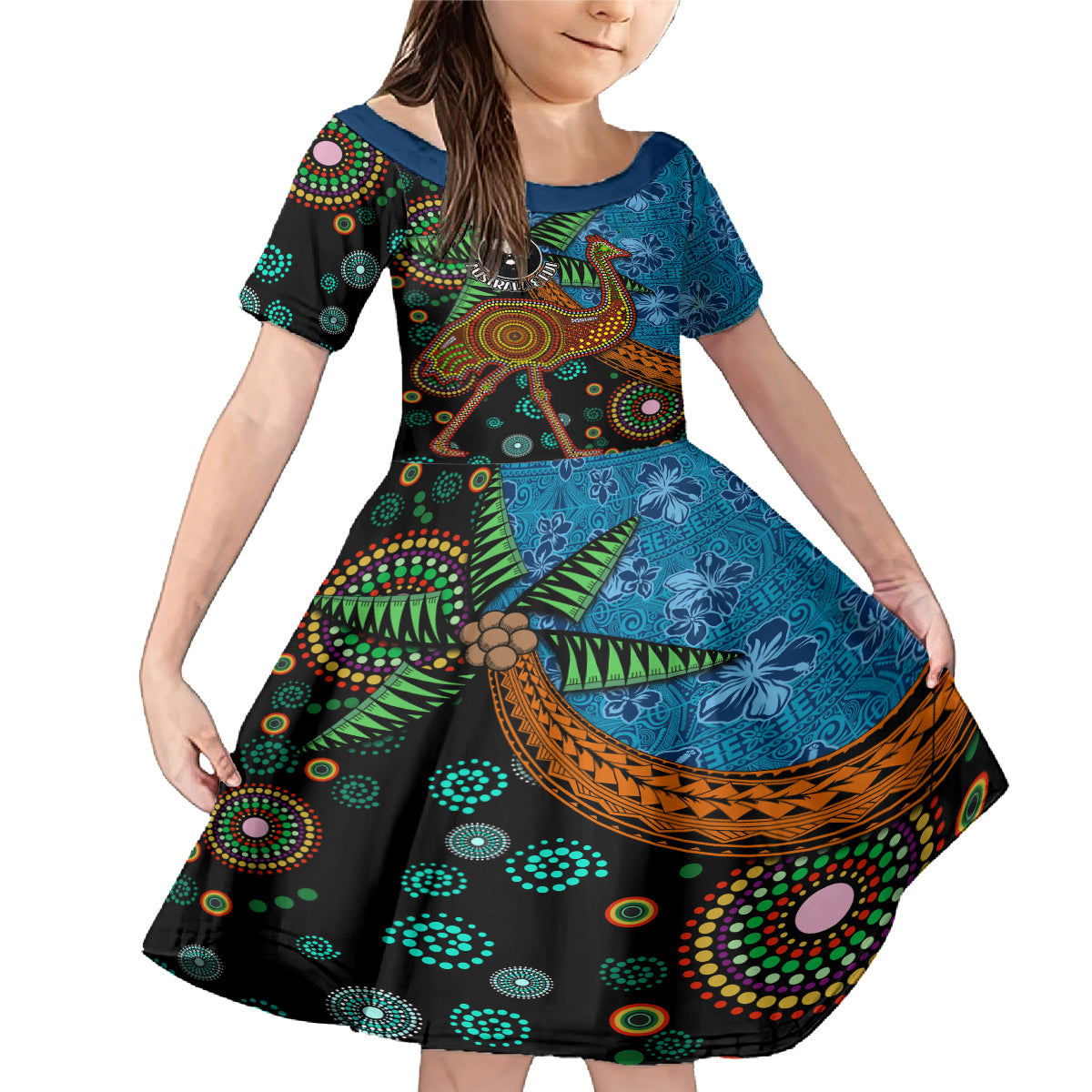 Fiji and Australia Family Matching Mermaid Dress and Hawaiian Shirt Palm Tree and Abogirinal Emu LT03 Daughter's Dress Blue - Polynesian Pride