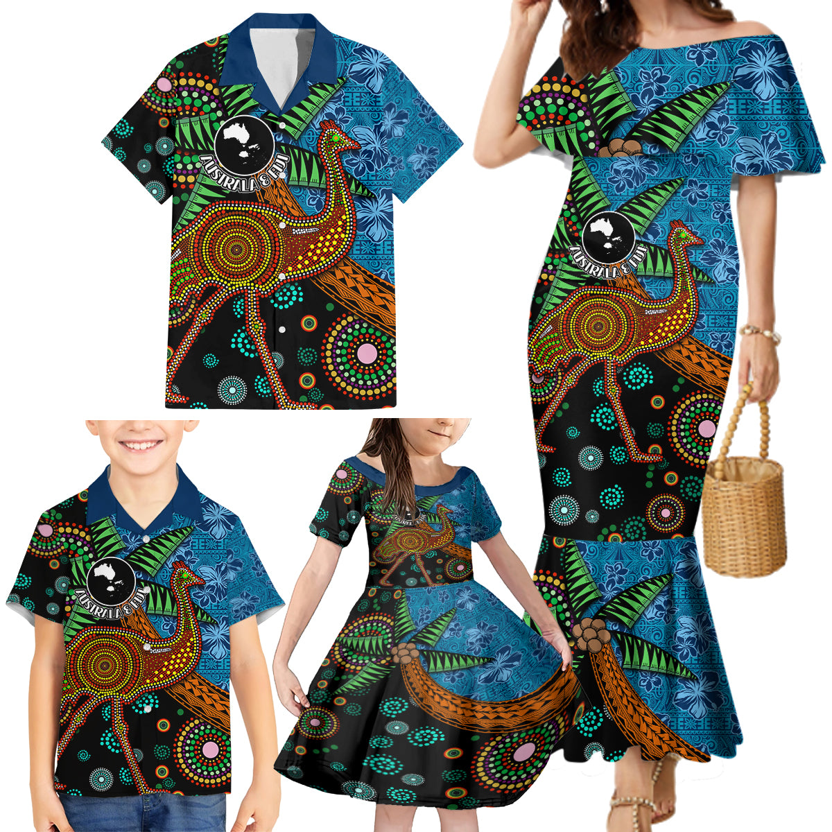Fiji and Australia Family Matching Mermaid Dress and Hawaiian Shirt Palm Tree and Abogirinal Emu LT03 - Polynesian Pride