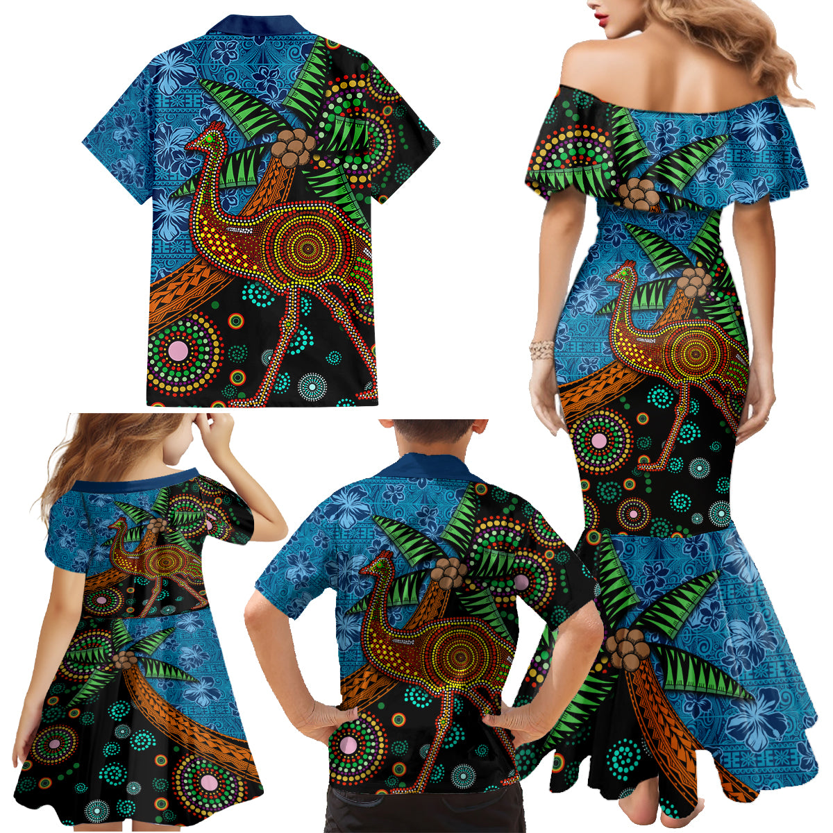 Fiji and Australia Family Matching Mermaid Dress and Hawaiian Shirt Palm Tree and Abogirinal Emu LT03 - Polynesian Pride