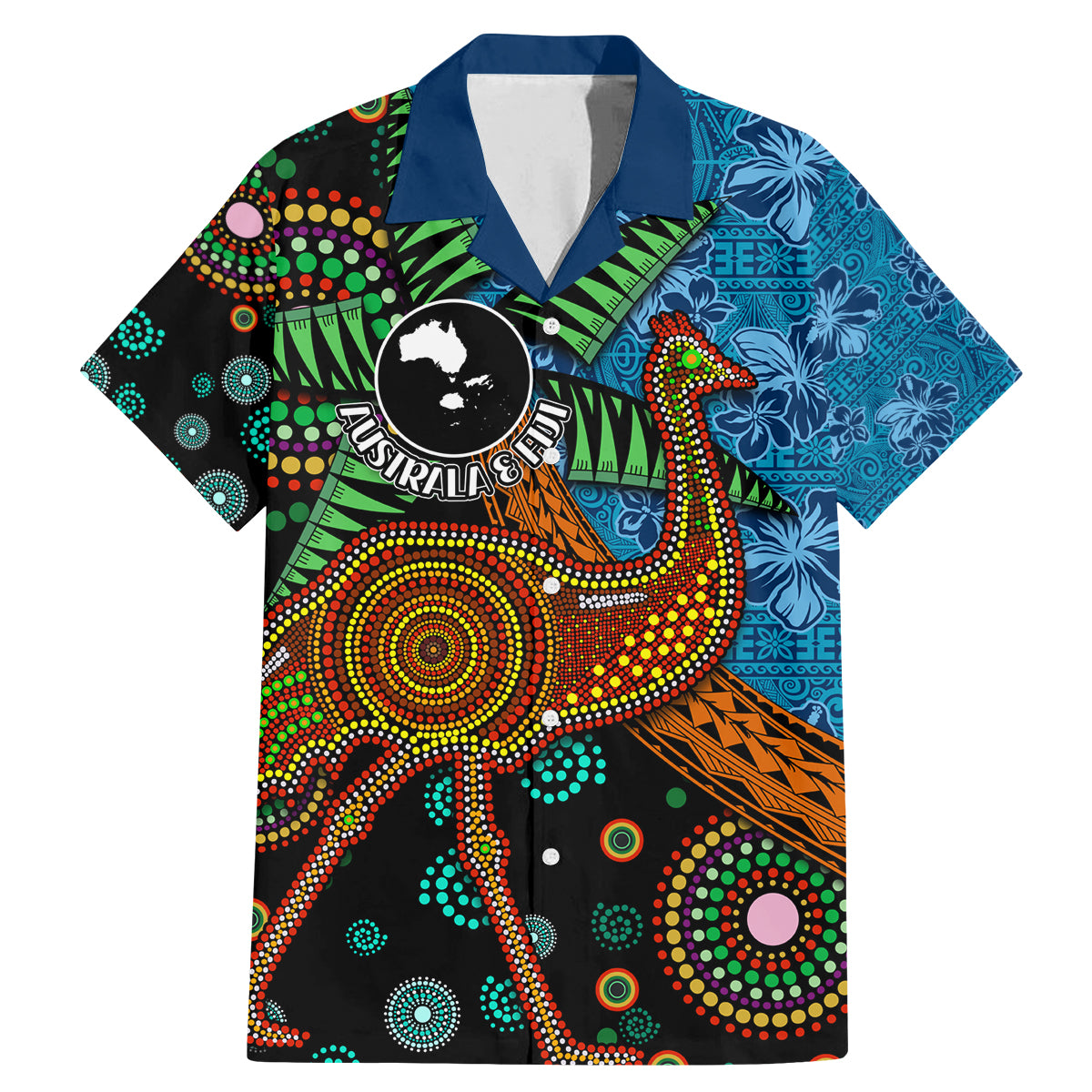 Fiji and Australia Family Matching Mermaid Dress and Hawaiian Shirt Palm Tree and Abogirinal Emu LT03 Dad's Shirt - Short Sleeve Blue - Polynesian Pride