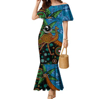 Fiji and Australia Family Matching Mermaid Dress and Hawaiian Shirt Palm Tree and Abogirinal Emu LT03 Mom's Dress Blue - Polynesian Pride