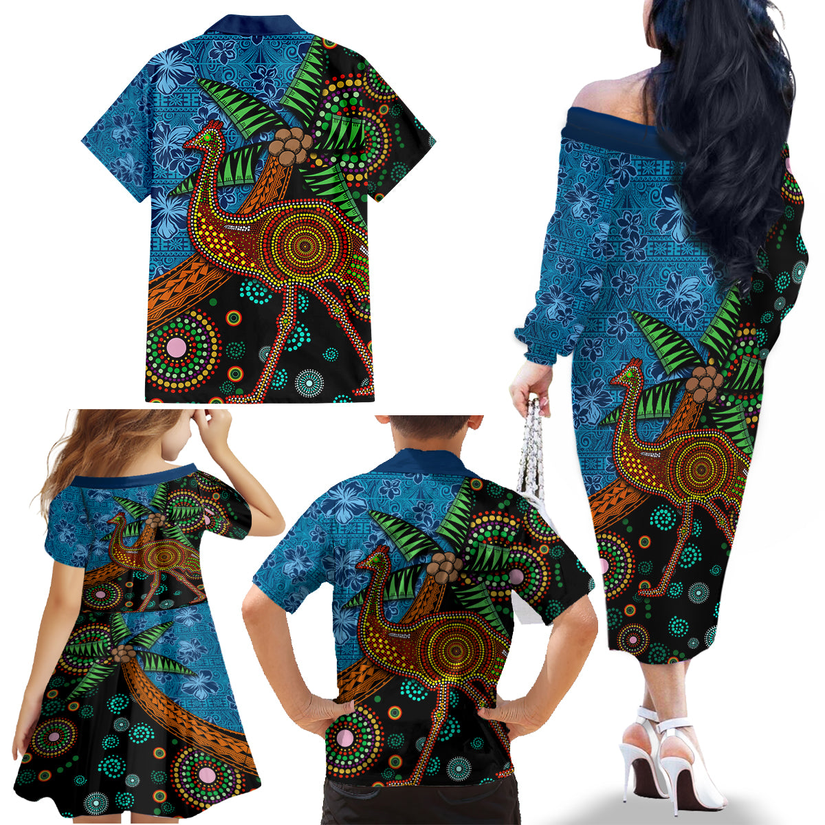 Fiji and Australia Family Matching Off The Shoulder Long Sleeve Dress and Hawaiian Shirt Palm Tree and Abogirinal Emu LT03 - Polynesian Pride