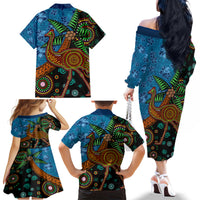 Fiji and Australia Family Matching Off The Shoulder Long Sleeve Dress and Hawaiian Shirt Palm Tree and Abogirinal Emu LT03 - Polynesian Pride