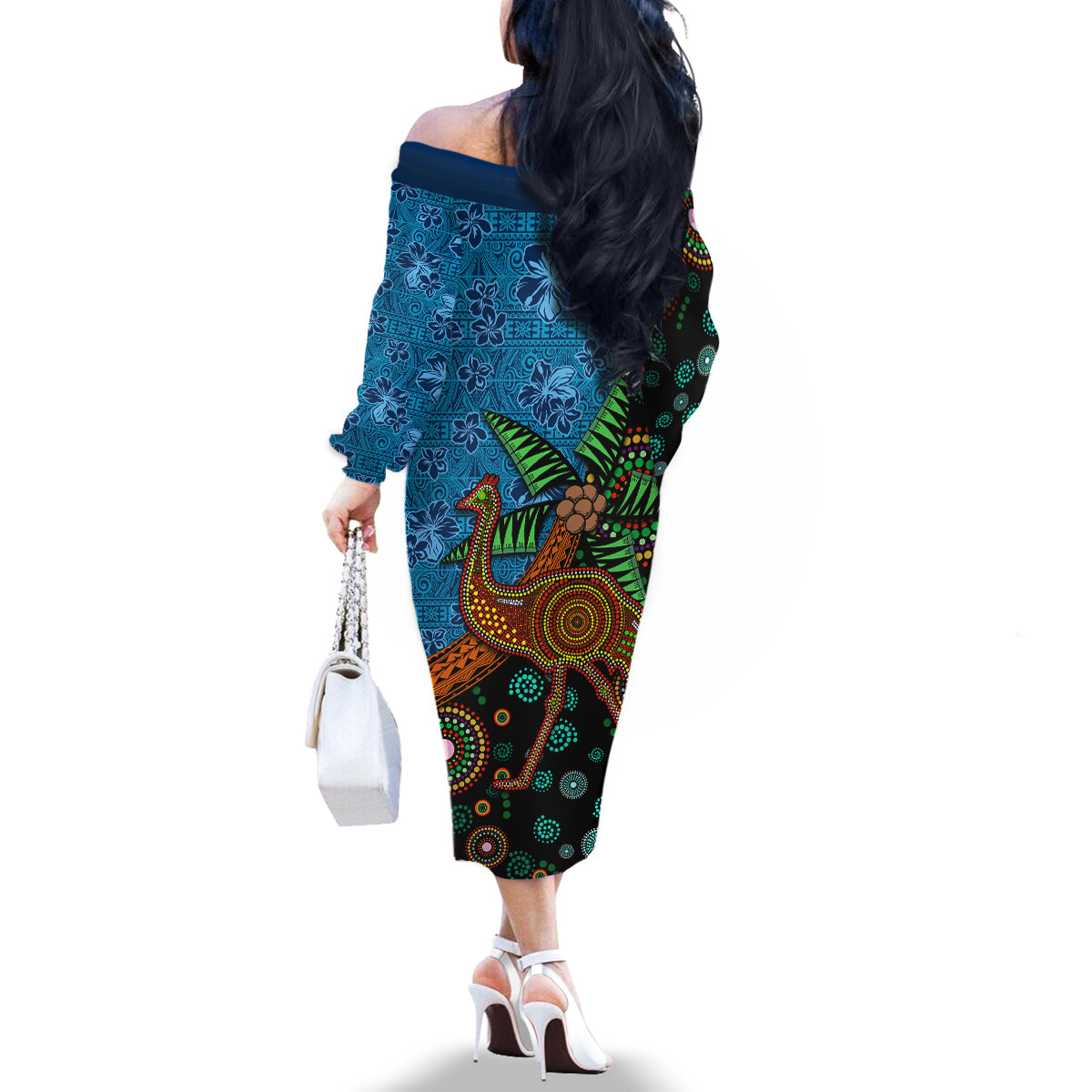 Fiji and Australia Family Matching Off The Shoulder Long Sleeve Dress and Hawaiian Shirt Palm Tree and Abogirinal Emu LT03 - Polynesian Pride