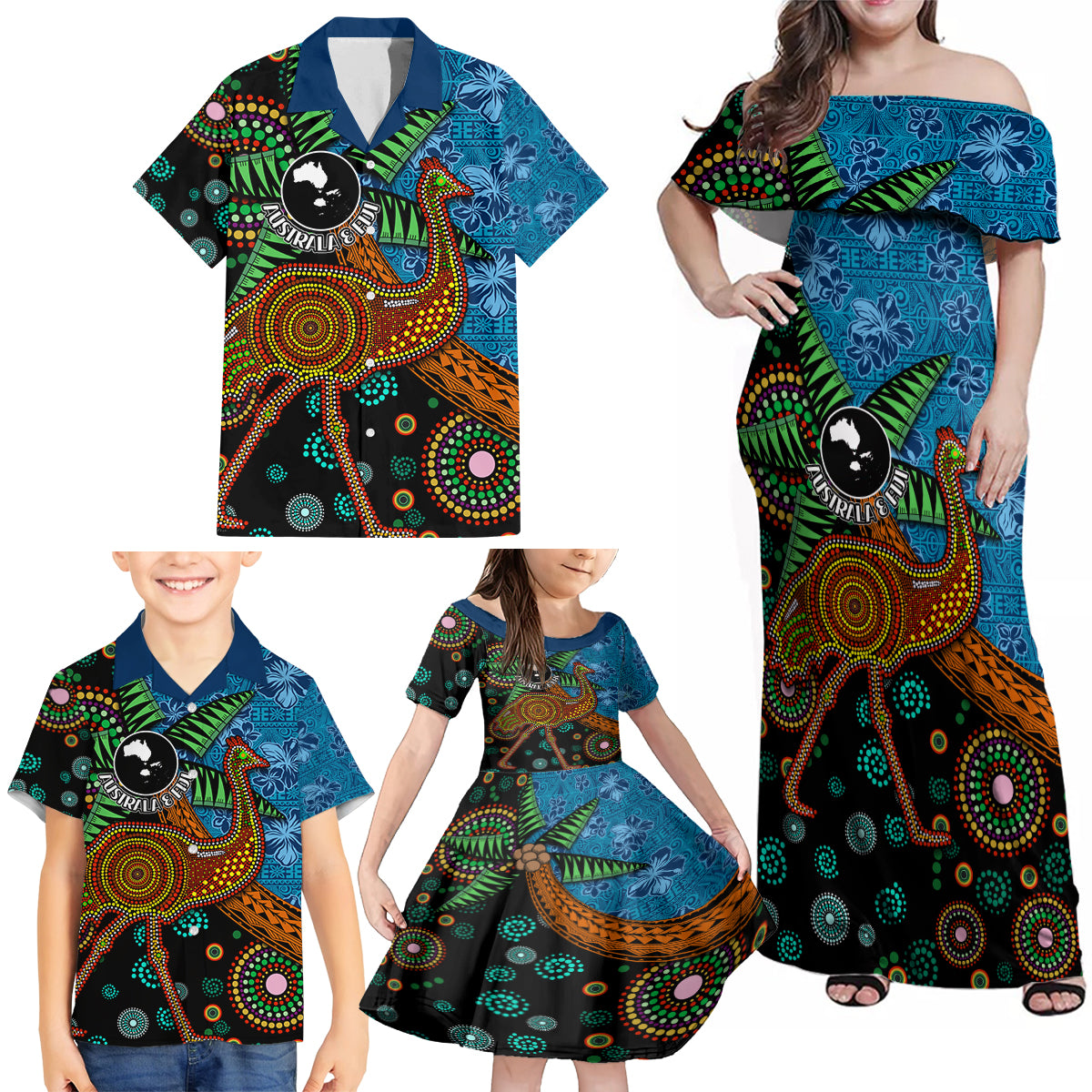 Fiji and Australia Family Matching Off Shoulder Maxi Dress and Hawaiian Shirt Palm Tree and Abogirinal Emu LT03 - Polynesian Pride