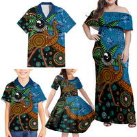 Fiji and Australia Family Matching Off Shoulder Maxi Dress and Hawaiian Shirt Palm Tree and Abogirinal Emu LT03 - Polynesian Pride