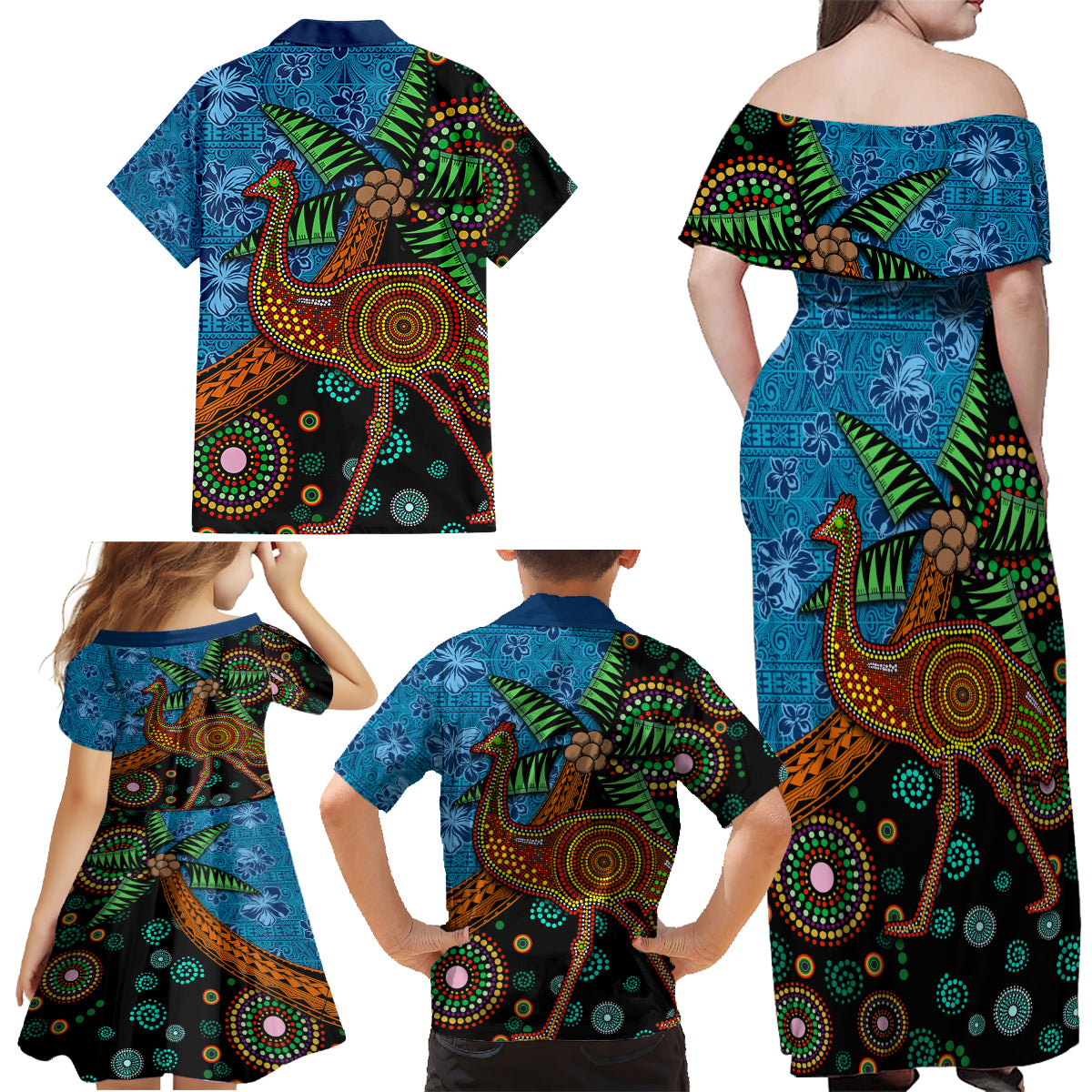 Fiji and Australia Family Matching Off Shoulder Maxi Dress and Hawaiian Shirt Palm Tree and Abogirinal Emu LT03 - Polynesian Pride