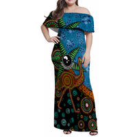 Fiji and Australia Family Matching Off Shoulder Maxi Dress and Hawaiian Shirt Palm Tree and Abogirinal Emu LT03 Mom's Dress Blue - Polynesian Pride