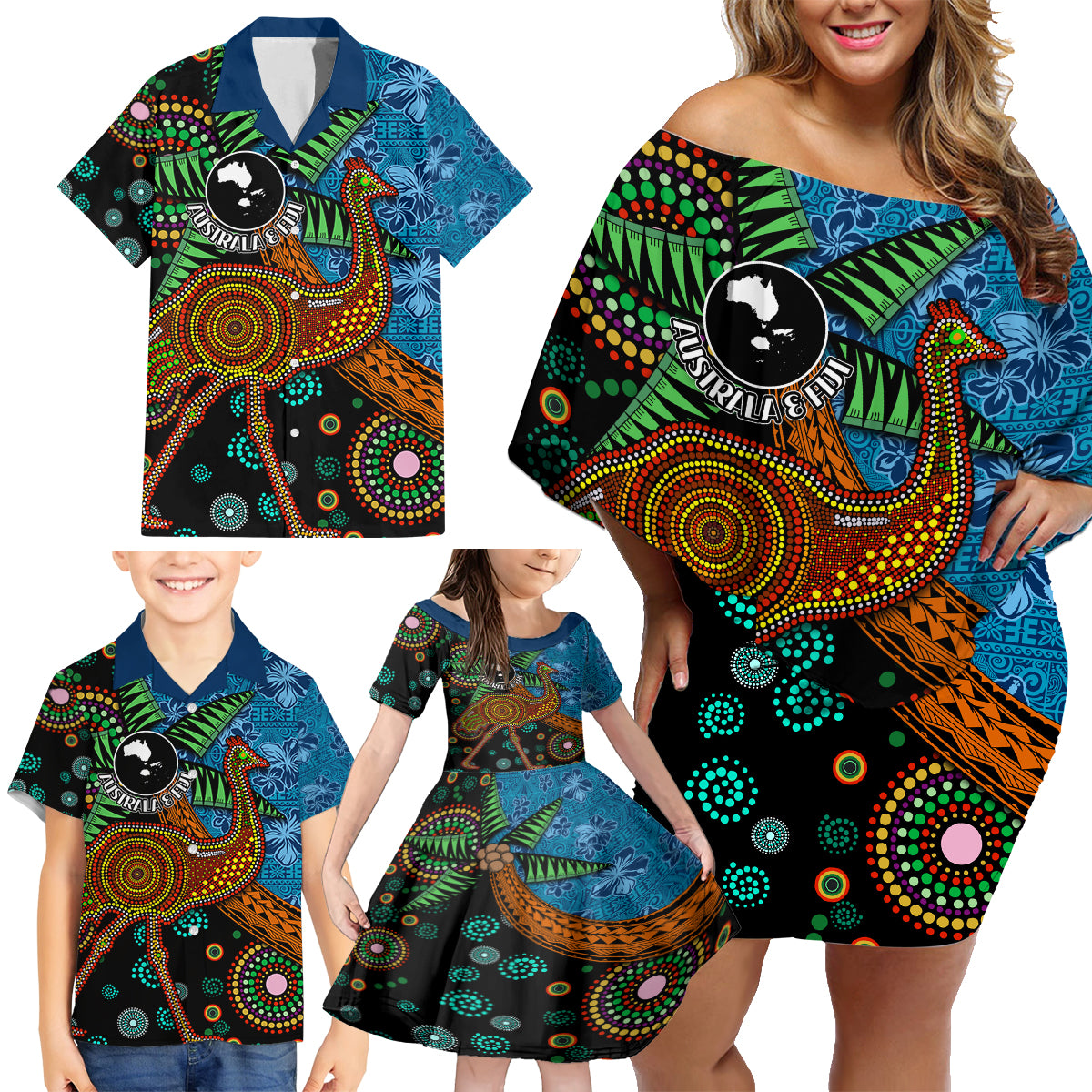 Fiji and Australia Family Matching Off Shoulder Short Dress and Hawaiian Shirt Palm Tree and Abogirinal Emu LT03 - Polynesian Pride