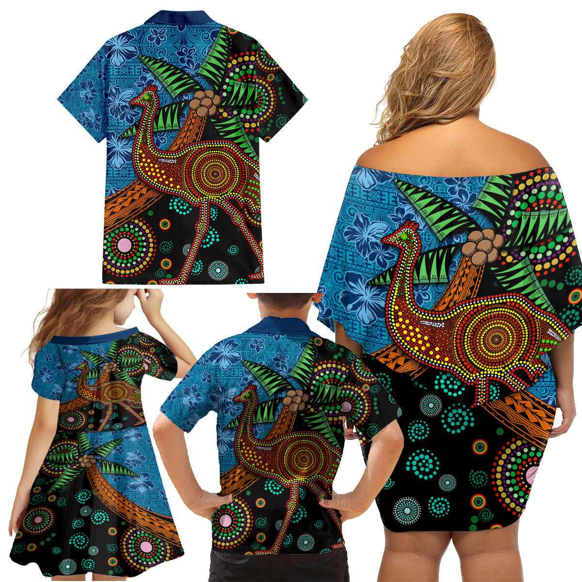 Fiji and Australia Family Matching Off Shoulder Short Dress and Hawaiian Shirt Palm Tree and Abogirinal Emu LT03 - Polynesian Pride