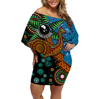 Fiji and Australia Family Matching Off Shoulder Short Dress and Hawaiian Shirt Palm Tree and Abogirinal Emu LT03 Mom's Dress Blue - Polynesian Pride