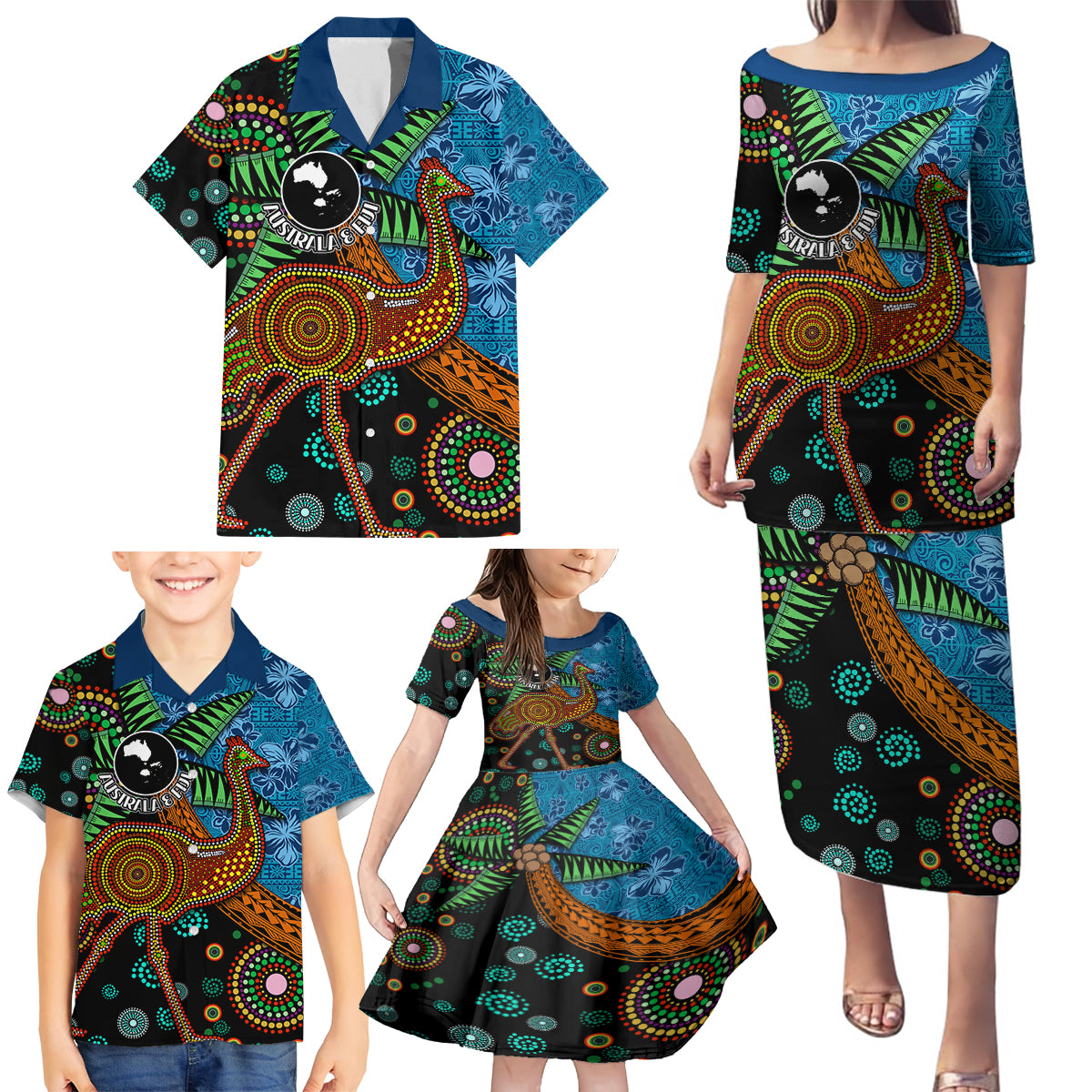 Fiji and Australia Family Matching Puletasi and Hawaiian Shirt Palm Tree and Abogirinal Emu LT03 - Polynesian Pride