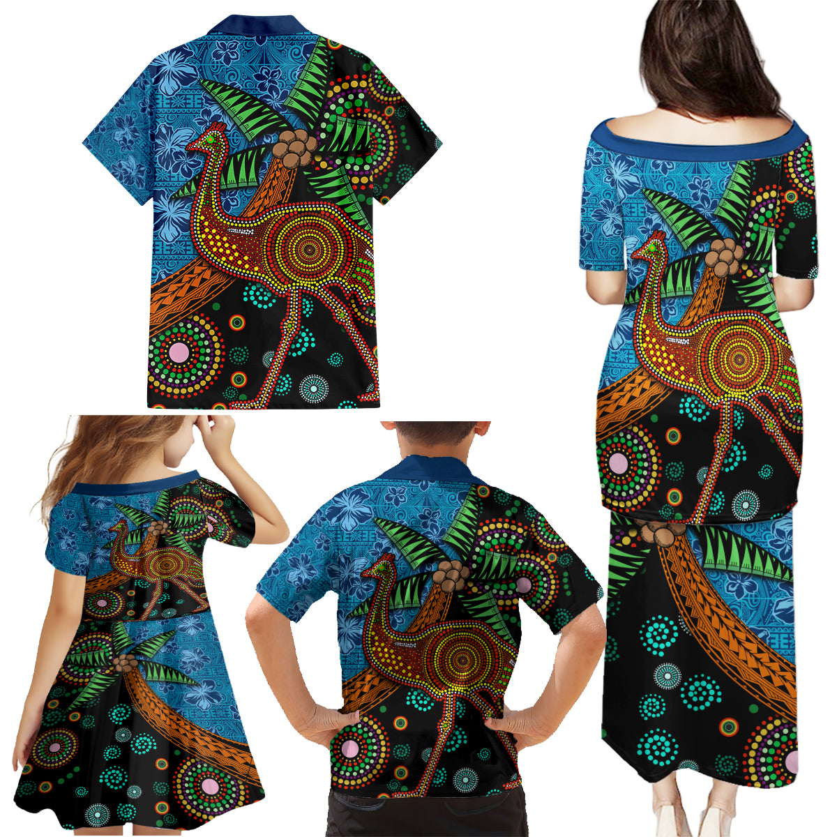 Fiji and Australia Family Matching Puletasi and Hawaiian Shirt Palm Tree and Abogirinal Emu LT03 - Polynesian Pride