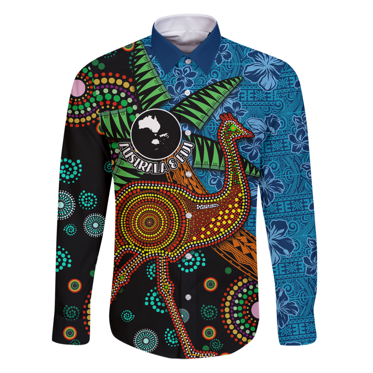 Fiji and Australia Family Matching Puletasi and Hawaiian Shirt Palm Tree and Abogirinal Emu LT03 Dad's Shirt - Long Sleeve Blue - Polynesian Pride