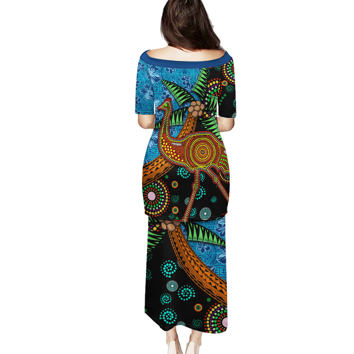 Fiji and Australia Family Matching Puletasi and Hawaiian Shirt Palm Tree and Abogirinal Emu LT03 - Polynesian Pride