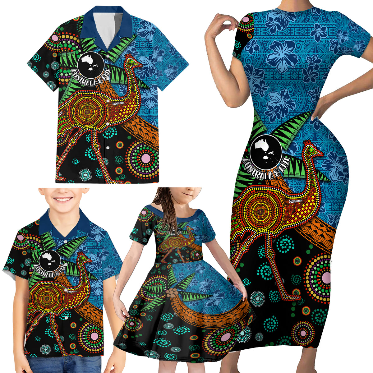 Fiji and Australia Family Matching Short Sleeve Bodycon Dress and Hawaiian Shirt Palm Tree and Abogirinal Emu LT03 - Polynesian Pride