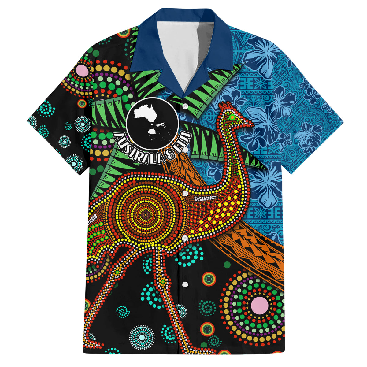 Fiji and Australia Family Matching Short Sleeve Bodycon Dress and Hawaiian Shirt Palm Tree and Abogirinal Emu LT03 Dad's Shirt - Short Sleeve Blue - Polynesian Pride