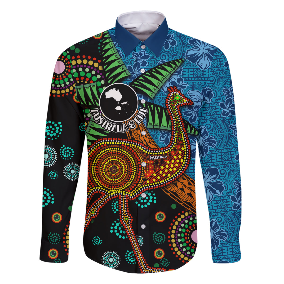 Fiji and Australia Family Matching Short Sleeve Bodycon Dress and Hawaiian Shirt Palm Tree and Abogirinal Emu LT03 Dad's Shirt - Long Sleeve Blue - Polynesian Pride
