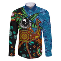Fiji and Australia Family Matching Short Sleeve Bodycon Dress and Hawaiian Shirt Palm Tree and Abogirinal Emu LT03 Dad's Shirt - Long Sleeve Blue - Polynesian Pride